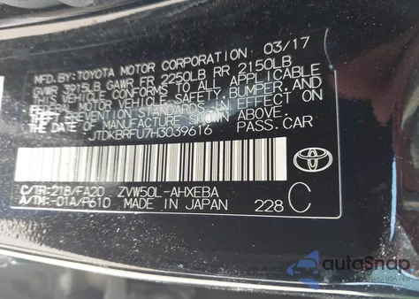 2017 Toyota Prius Two from USA, damaged, VIN JTDKBRFU7H3039616